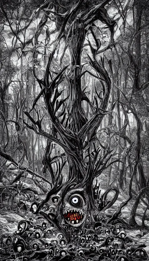 Image similar to a storm vortex made of many demonic eyes and teeth over a forest, by jason de graaf