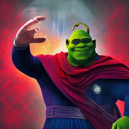 Prompt: Digital painting of Shrek as Doctor Strange