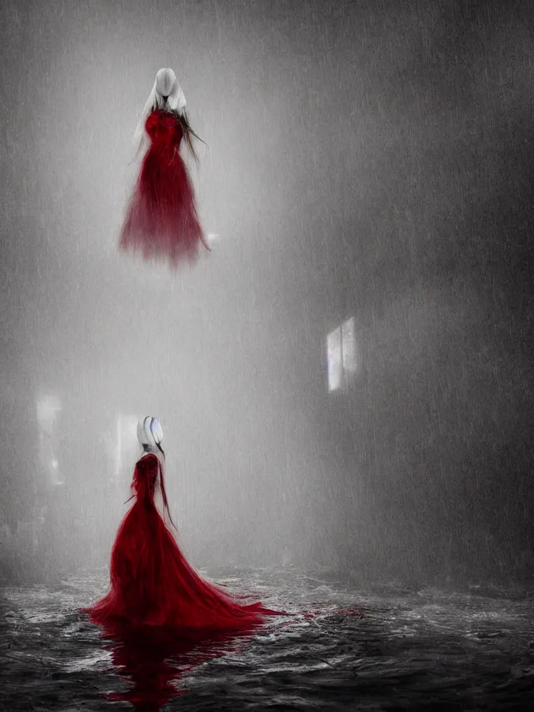 Prompt: cute drooping ectoplasmic fumo plush gothic maiden ghost apparition girl, in the lobby of a flooded abandoned hotel where it rains inside, volumetric fog, melting black and red dress, vignette, bokeh