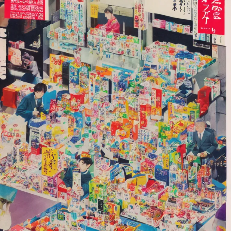 Image similar to an overwhelmingly detailed and colorful japanese magazine page of advertisements