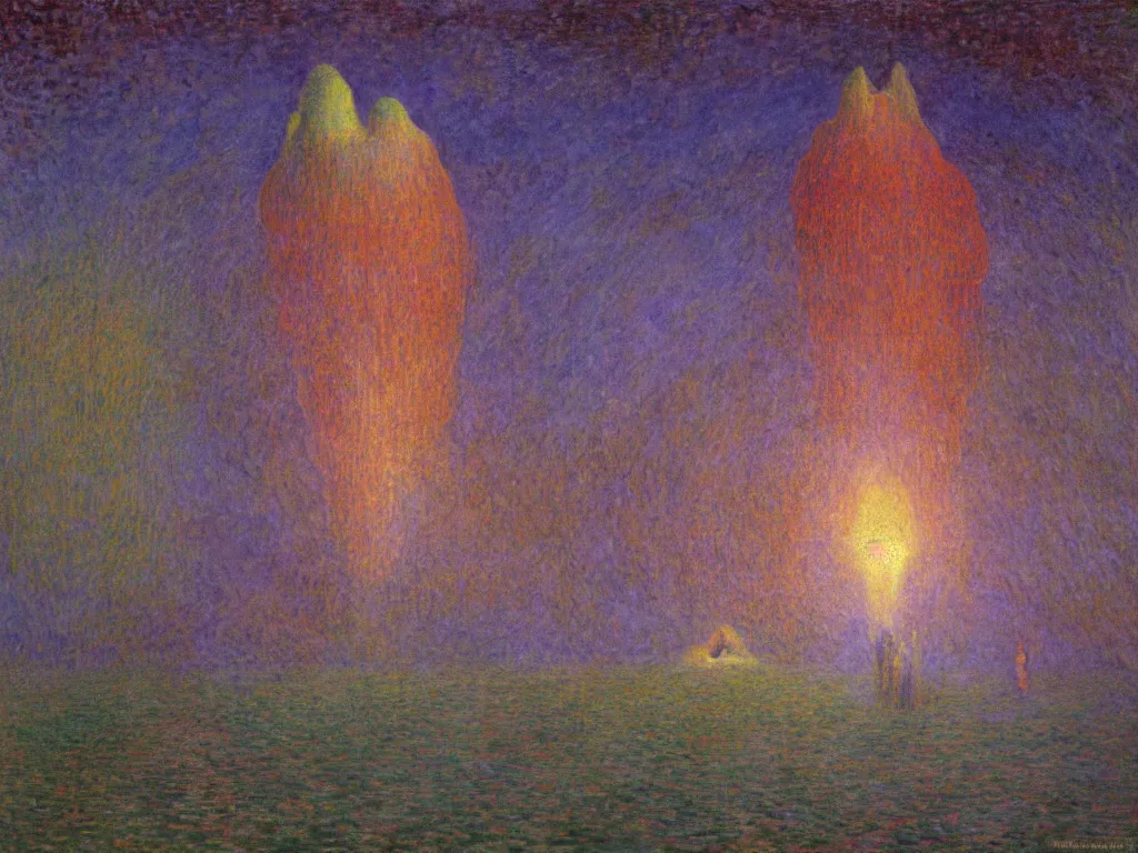 Image similar to study of the psychedelics dream bot mothership firefly net over the sublime sacred rock. painting by mikalojus konstantinas ciurlionis, monet, bosch, wayne barlowe, agnes pelton, rene magritte