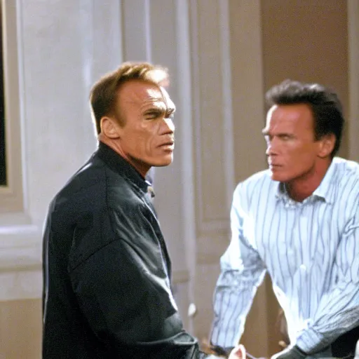 Prompt: a still from the 2001 TV Show The West Wing Starring Arnold Schwarzenegger