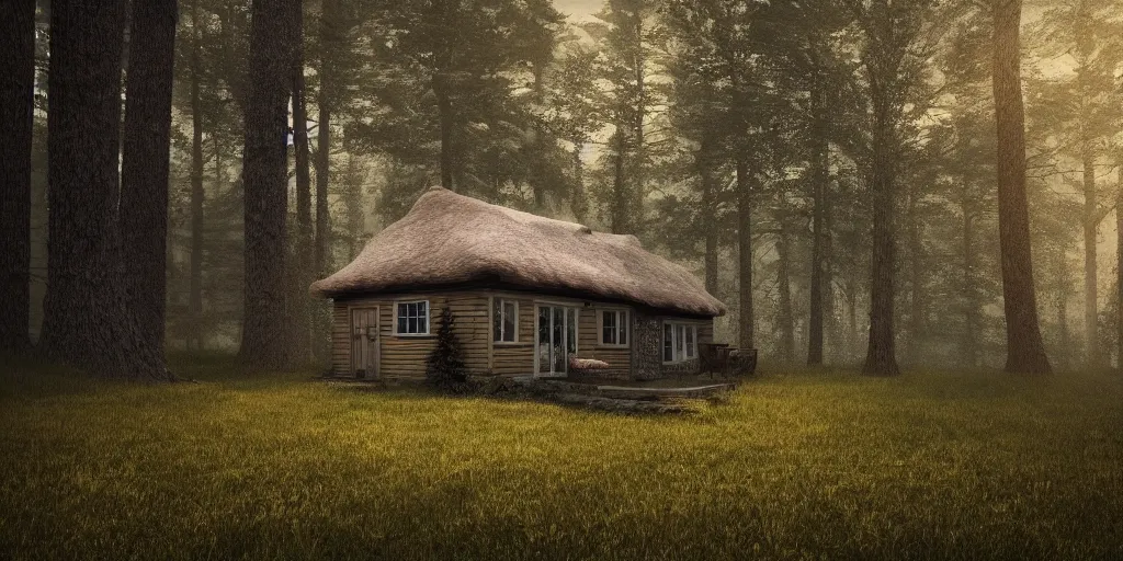 Image similar to a close up of a single cottage in the woods and empty woods, 8k, fantasy, realistic, atmospheric lighting