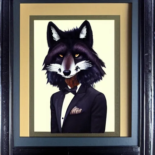 Prompt: male anthro black fox furry fursona with a mullet in a spanish style tuxedo, 1 9 7 0 s framed photograph, painted by riley moreau