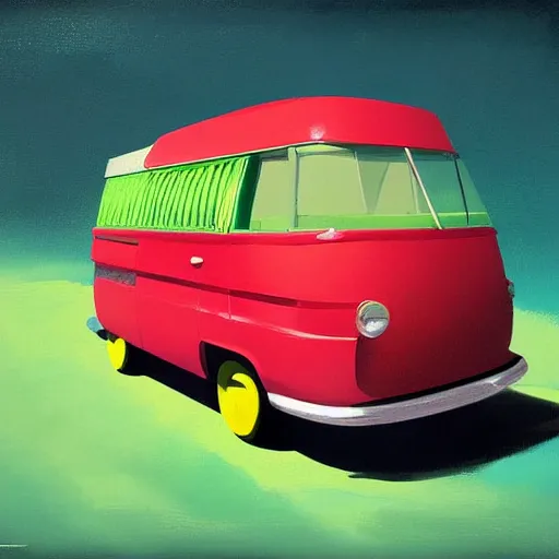 Prompt: retro painting illustration of a volswagen van, 2 d, pastel color, green, yellow, red, retro style art, trendy on artstation, by rhads