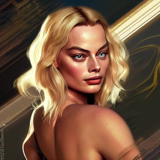 Image similar to Margot Robbie, intricate, highly detailed, digital painting, artstation, concept art, smooth, sharp focus, illustration, gta v cover art, Unreal Engine 5, 8K, art by artgerm and greg rutkowski and alphonse mucha