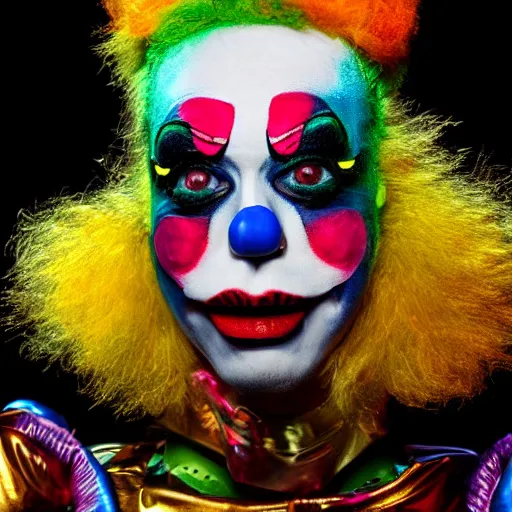 Image similar to uhd candid photo of a robot clown wearing bizarre clown makeup, with accurate face, intricate clown costume, uhd, studio lighting, correct face, photo by annie leibovitz