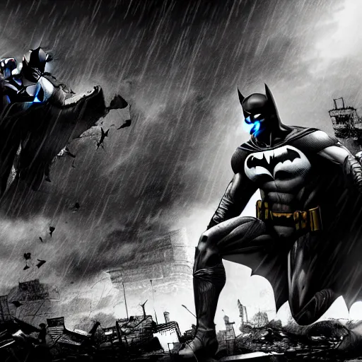 Prompt: Batman dead and defeated in a destroyed city, high quality, digital art, gray sky, god rays, cinematic lighting, gore, ultra details