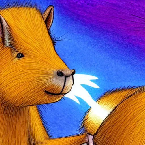 Prompt: Drawing of a capybara spitting fire. Digital Art. High Quality. High Fidelity.