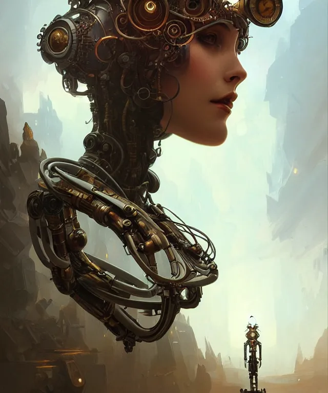 Image similar to laputa robot portrait, sci-fi steampunk, fantasy, intricate, elegant, highly detailed, digital painting, artstation, concept art, smooth, sharp focus, illustration, art by artgerm and greg rutkowski and alphonse mucha