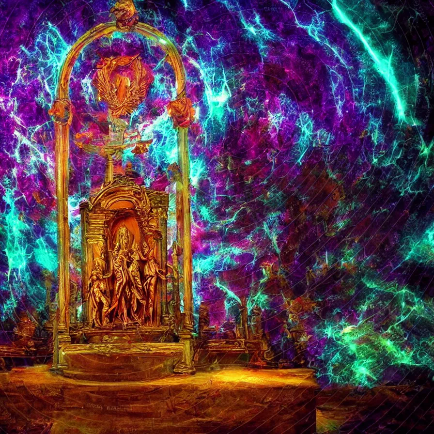 Image similar to altar of inspiration stuck by lightning guarded by the muses, divine inspiration (hubris) lunar mythos, chromatic aberration bright sharp color palette