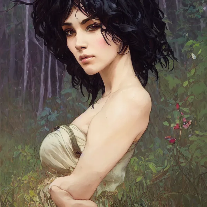Image similar to portrait of short black hair woman in forest glade by artgerm, greg rutkowski, alphonse mucha, 8 k