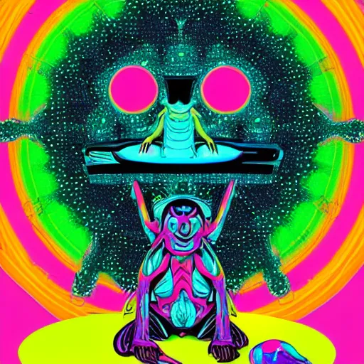 Image similar to a small creature sitting on a perch. in the style of 70s sci-fi illustration. psychedelic. other worldly.