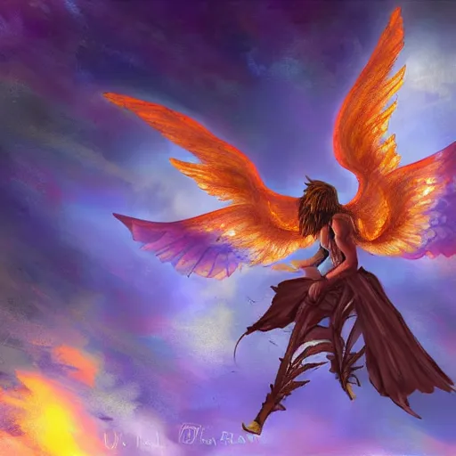Image similar to a winged fantasy warrior flying through a magical realm, digital painting, male