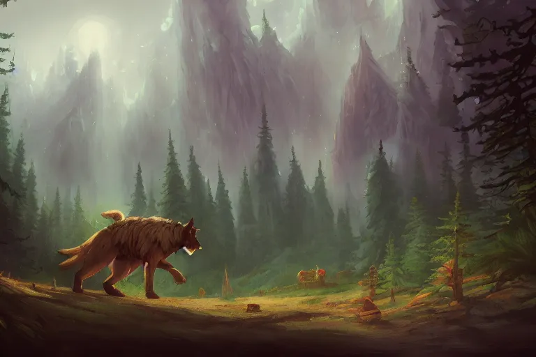 Prompt: a painting of an inn on top of a giant wolf walking through a magical forest, by andreas rocha, trending on artstation