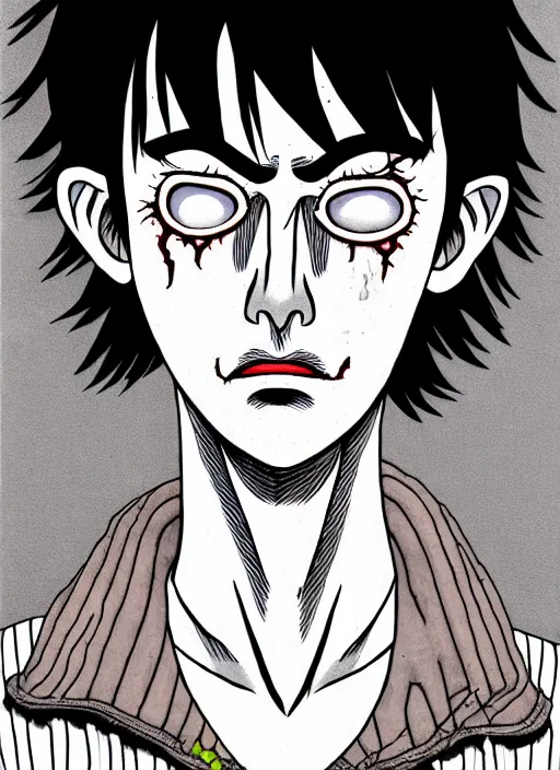 Image similar to junji ito style portrait of zombie teenage jughead jones wearing a light grey crown, zombie, crown, rotting skin, blind eyes, white eyes, crown, black hair, intricate, highly detailed, illustration, art by junji ito