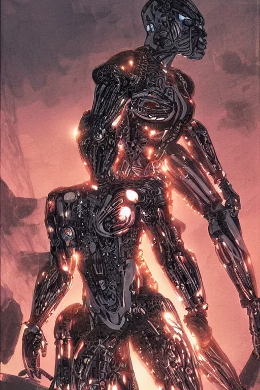 Prompt: cyborg warriors in crynet nanosuit with powerful biological muscle augmentation, at dusk, a color illustration by tsutomu nihei and tetsuo hara