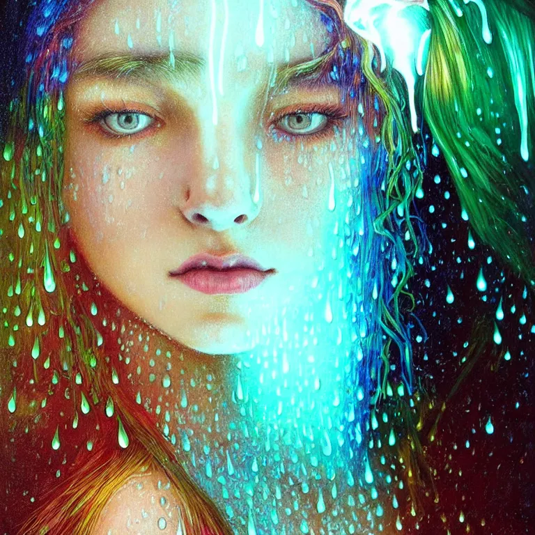 Image similar to bright asthetic portrait LSD glowing backlit rain on face and wet hair, fantasy, intricate, elegant, dramatic lighting, highly detailed, lifelike, photorealistic, digital painting, artstation, illustration, concept art, smooth, sharp focus, art by John Collier and Albert Aublet and Krenz Cushart and Artem Demura and Alphonse Mucha