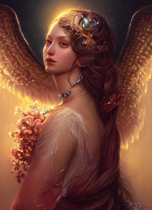 Image similar to A beautiful digital painting of a female angel full of jewels, princess, the moon behind her, intricate, cinematic lighting, highly detailed, digital painting, Artstation, concept art, smooth, sharp focus, illustration, art by Tom Bagshaw, Artgerm and Greg Rutkowski