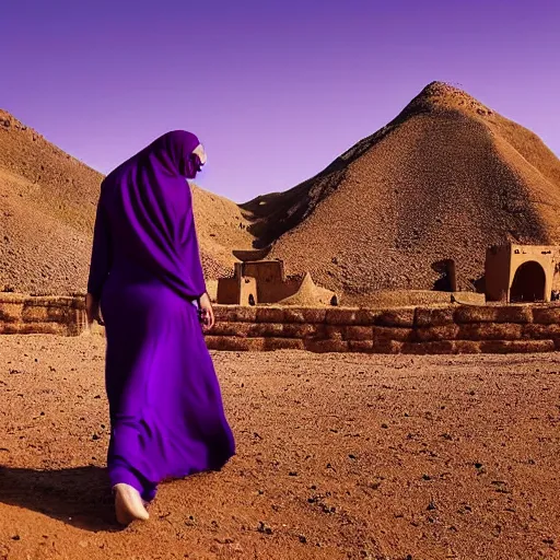 Image similar to low shot photo of feminine and lean arab woman wearing a long purple dress, strutting and looking fierce, with najdi mud houses in the background, early evening, starry sky, in the style of annie leibovitz amd steve meiele