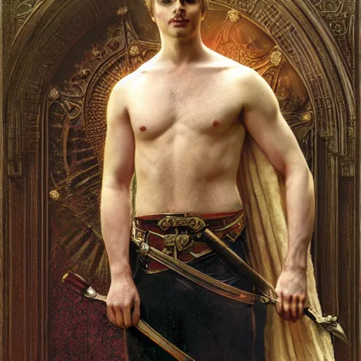 Prompt: attractive bradley james as prince arthur pendragon, whole body in frame, natural lighting, path traced, highly detailed, high quality, digital painting, by gaston bussiere, craig mullins, alphonse mucha j. c. leyendecker