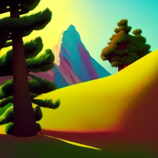 Prompt: pop - surrealist mountains painting, octane render, unreal engine, trees and pines everywhere, very nice pastel colors, lights and shadows, glowing hot sun, very coherent, houdini algorithmic generative art, painted by edward hopper, wayne barlowe, painted by james gilleard, airbrush, art by jamesjean