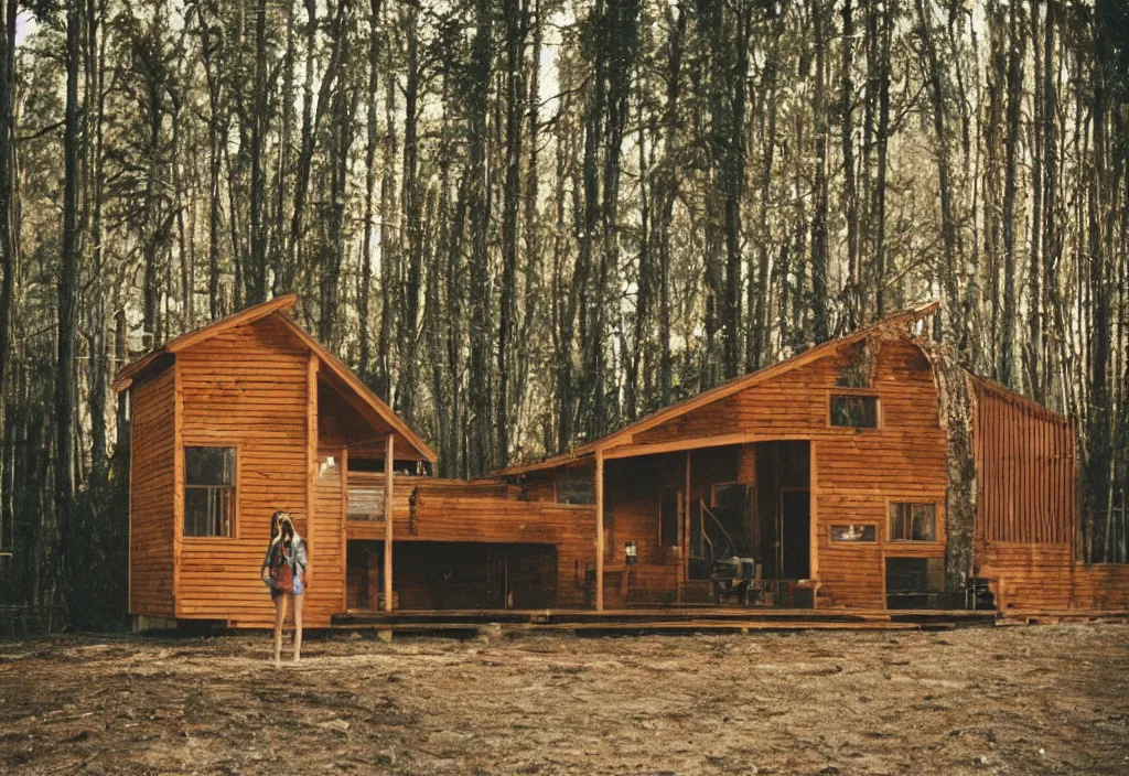 Image similar to lomo photo of adelaide kane standing i front of a modern forest cabin, cinestill, bokeh, out of focus