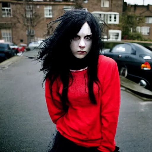 Image similar to a pale emo girl, messy black / red hair, british street background, overcast weather, 2 0 0 6