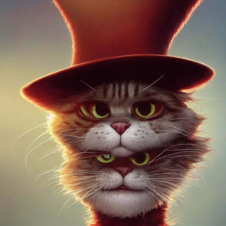 Image similar to complex 3 d render, hyper detailed, ultra sharp, of the cat in the hat, scary, cinematic, natural soft light, rim light, art by greg rutkowski and artgerm and moebius, dr seuss