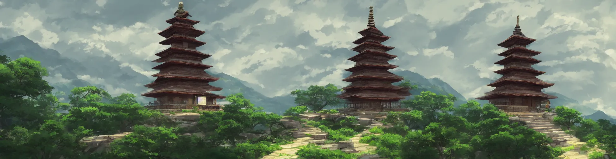 Image similar to a pagoda with a path surrounded by mountains, stormy weather. Makoto Shinkai, anime, trending on ArtStation, digital art.