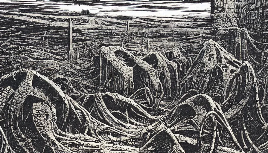 Prompt: linocut print of a desolate colony on mars by simon bisley, hr giger and beksinski, ink, detailed, clean lines