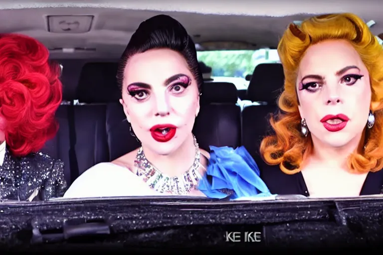 Image similar to lady gaga and judy garland in carpool karaoke, trending on youtube, highly realistic, highly detailed, high resolution, 8 k 4 k,