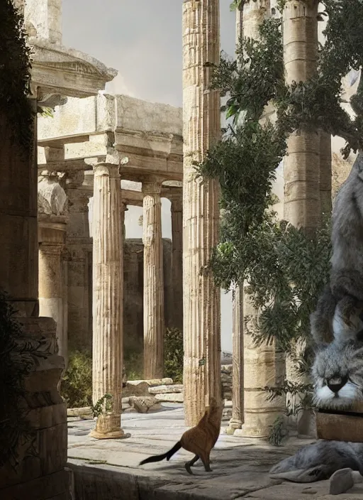 Image similar to hyper realistic fluffy caracal dressed in toga, in ancient greek city, marble columns, temple, olive trees, atmospheric beautiful details, strong composition painted by kim jung giu weta studio rutkowski, james gurney and greg rutkowski, and lucasfilm