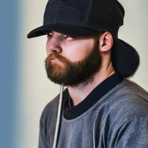 Prompt: close-up a 25 year old man wearing a black winter hat and a orange jail inmate tshirt, inside a underground facility, blue eyes, hideous, side lighting