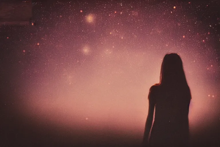 Prompt: blured girl on night vision, focused background night sky with stars, polaroid photo