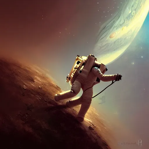 Image similar to astronaut falling through the clouds in jupiter, by cedric peyravernay, highly detailed, excellent composition, cinematic concept art, dramatic lighting, trending on artstation