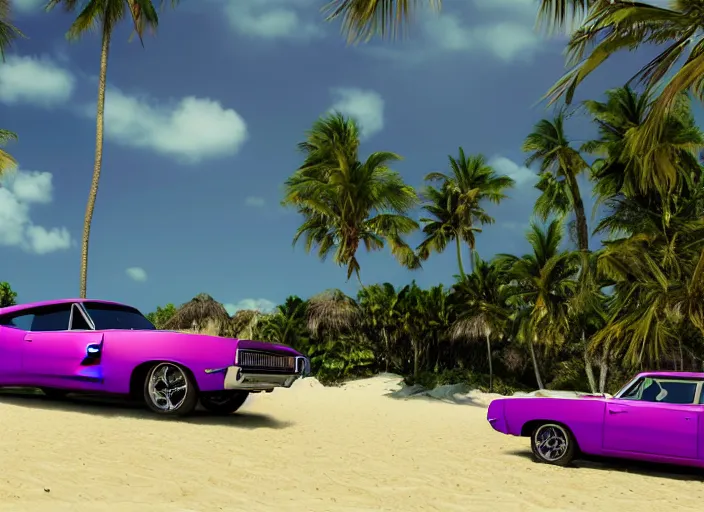 Prompt: hyperrealism, detailed textures, photorealistic 3 d render, a dreamy beach in cuba, a 1 9 7 0 hemi charger with plum crazy purple colour scheme, mickey thompson tires, centrerline rims, sharp focus, ultra realistic, ultra high pixel detail, cinematic, intricate, cinematic light, concept art, illustration, art station, unreal engine 8 k