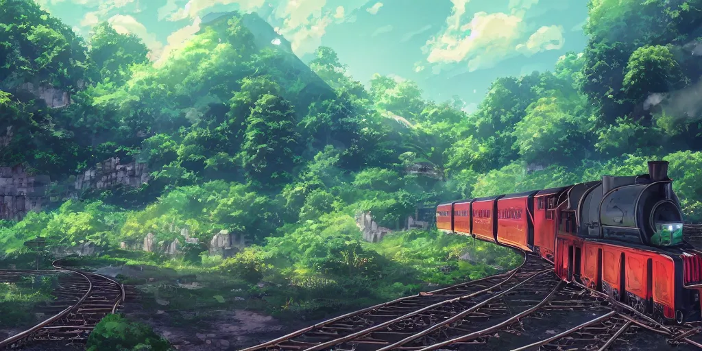 Prompt: A beautiful illustration of beautiful Hogwarts train, castle, leaves, trees, steam, magic, wide angle, by makoto shinkai, Wu daozi, very detailed, deviantart, 8k, wallpaper, tropical, colorful, airy, anime illustration, anime nature wallpap