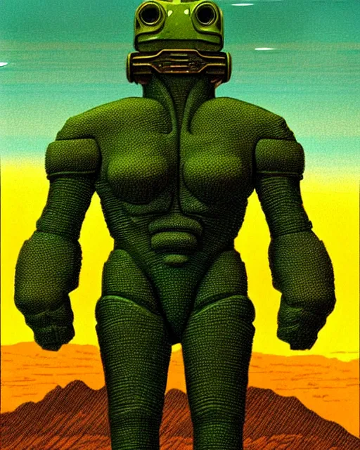 Image similar to portrait giant green humanoid with his fist up, brown armor, background ancient alien landscape, low angle, close up, concept art, intricate details, highly detailed, vintage sci - fi poster, retro future, vintage sci - fi art, in the style of chris foss, rodger dean, moebius, michael whelan, and gustave dore