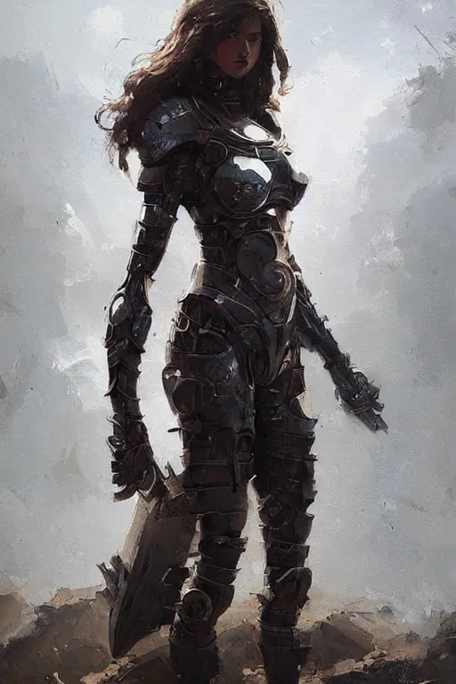 Prompt: full body girl metal armor painting by greg rutkowski