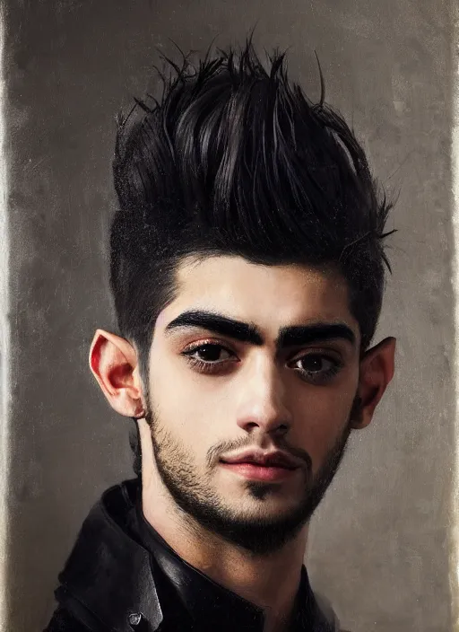 Prompt: head and shoulders portrait painting of young man who looks like zayn malik as an elf by jeremy mann, wearing leather napoleonic military style jacket, only one head single portrait, pointy ears, black background, soft top lighting, moody, shadowed