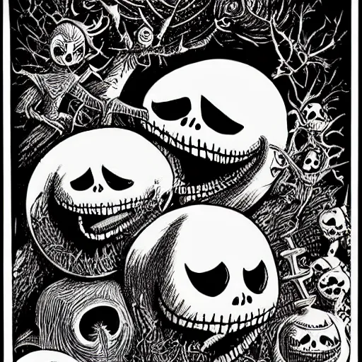 Image similar to “ a nightmare before christmas, jack skellington dances with sally, future world, art style by philippe caza, award winning concept art, highly detailed rendering. ”