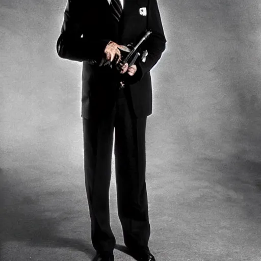 Image similar to clint eastwood in a black suit and black fedora hat. he has a desert eagle gun.