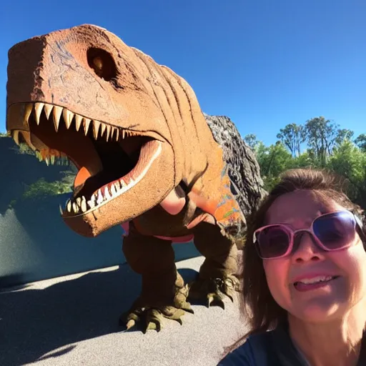 Image similar to T rex taking a selfie with asteroid in background