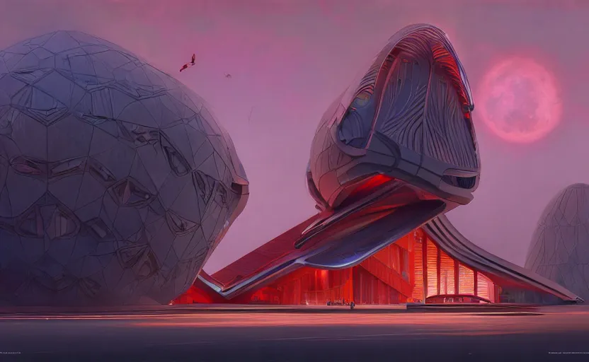 Image similar to exterior shot of utopian architecture red building with cinematic lighting by zaha hadid and renzo piano, darek zabrocki and greg ruthkowski, alphonse mucha, simon stalenhag, cinematic, stars, beautiful, holy place, paradise, scifi, futurism, atmospheric, concept art, artstation, trending on artstation