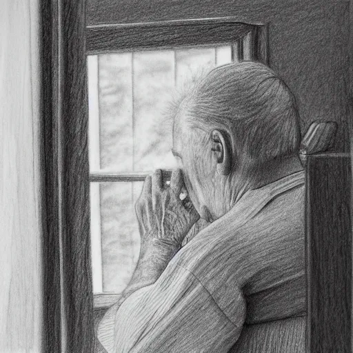 Image similar to pencil drawing of an old man in a nursing home looking out the window and remembering his youth, artistic illustration, stylized, detailed