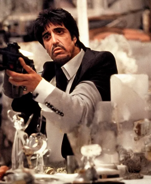 Image similar to extreme long shot. tony montana from movie scarface 1 9 8 3. staying with m 1 6 riffle. table with mountains of cocaine in background. al pacino. perfect symmetric face, coherent eyes, fine details, 4 k, ron cobb. cinestill