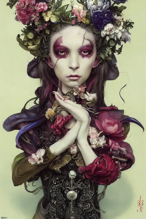 Prompt: a portrait photograph of a tiefling with a scaled skin transforming into a flower wearing a harajuku fashion and a tactical suit. by tom bagshaw, donato giancola, hans holbein, walton ford, gaston bussiere, brian froud, peter mohrbacher and magali villeneuve. 8 k, hyperrealism, fashion editorial.