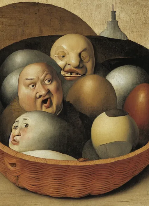 Image similar to carton of eggs with silly round humpty dumpty jack black facial expressions, realistic, by hieronymus bosch and pieter brueghel