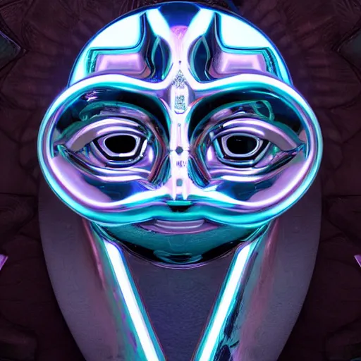 Image similar to chrome majora's mask, glossy, metallic, neon, symmetrical, tribal patterns, realistic, unreal engine, octane redshift, artstation, behance